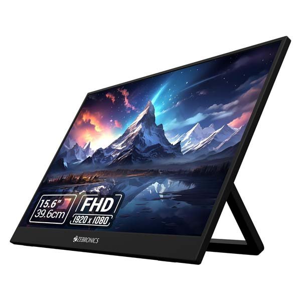 ZEBRONICS Pixigo A16, 15.6 inch Portable Monitor, FHD 1080p, 180° Adjustable Stand, Lightweight, 16:9 Aspect Ratio, 300Nits, 16.7M Colors, Dual Input – Type C + Mini HDMI, Built-in Speakers