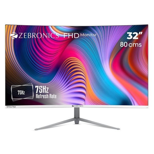 ZEBRONICS Zeb-AC32FHD LED Curved 75Hz 80Cm (32″) (81.28 Cm) 1920×1080 Pixels FHD Resolution Monitor with HDMI + VGA Dual Input, Built-in Speaker, Max 250 Nits Brightness, Black